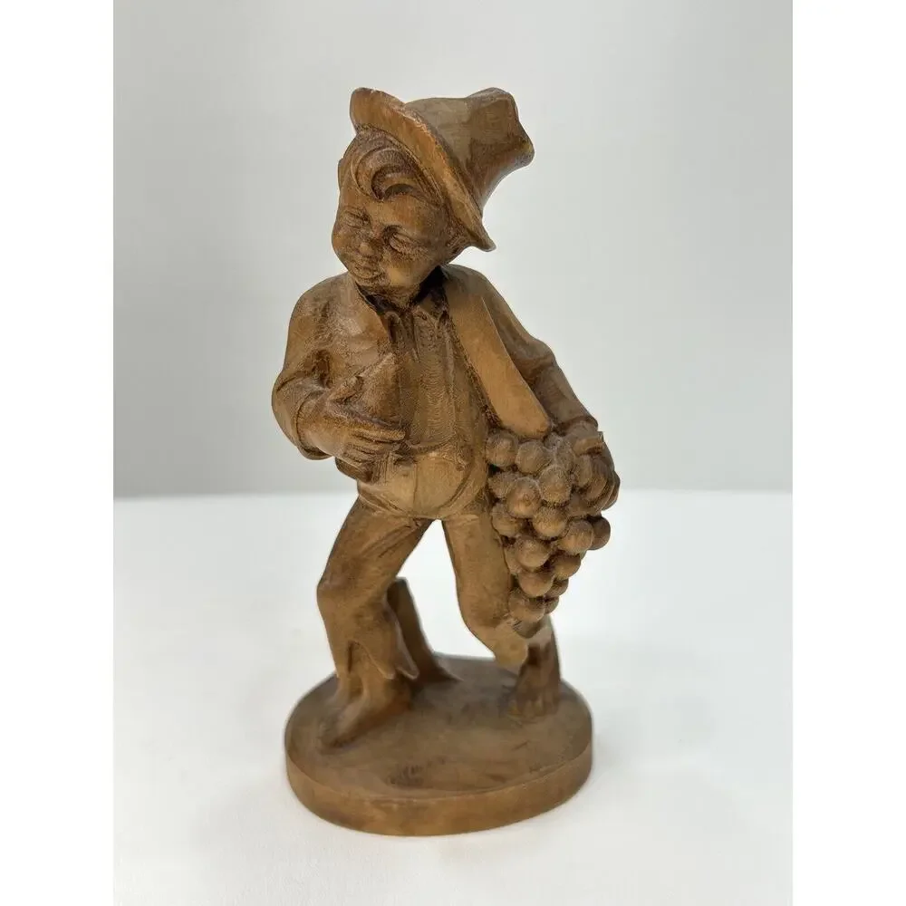Vintage 1960’s Brown Wood Hand Carved German Oberammergau Boy‎ Holding Grapes